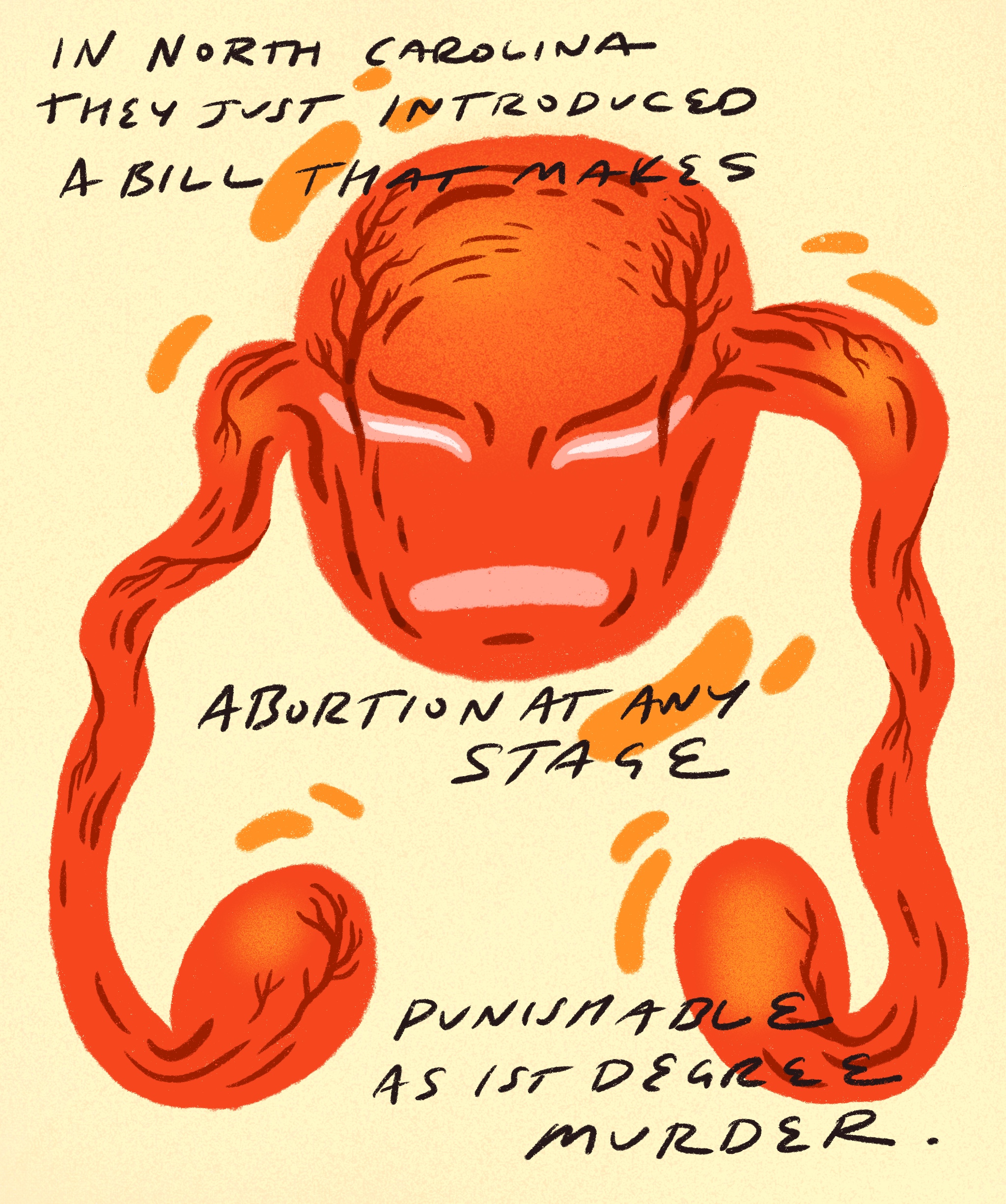 Illustration of an enraged uterus with handwritten text about a North Carolina bill — the poster art for Paint the Town.